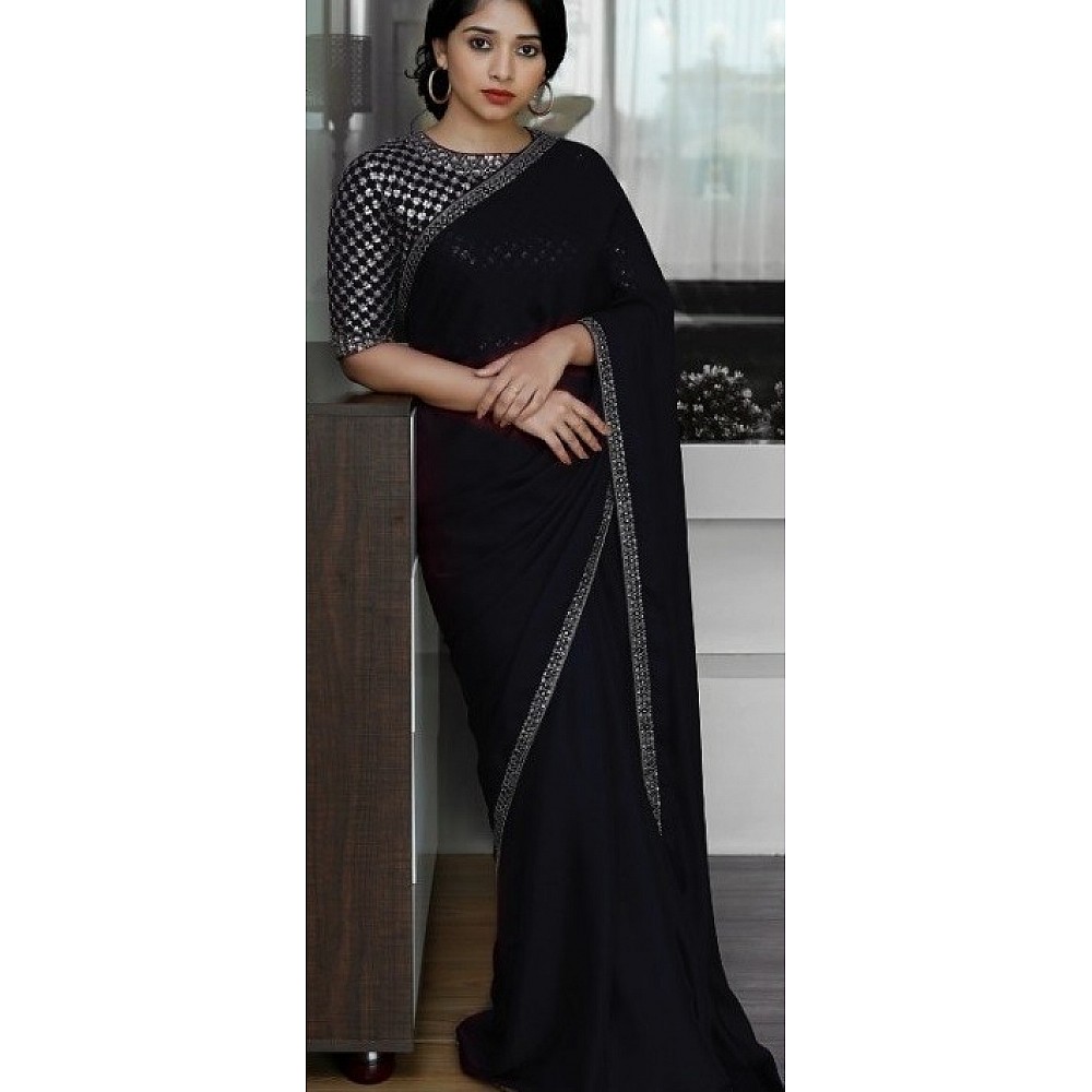 Black malai georgette silk partywear saree