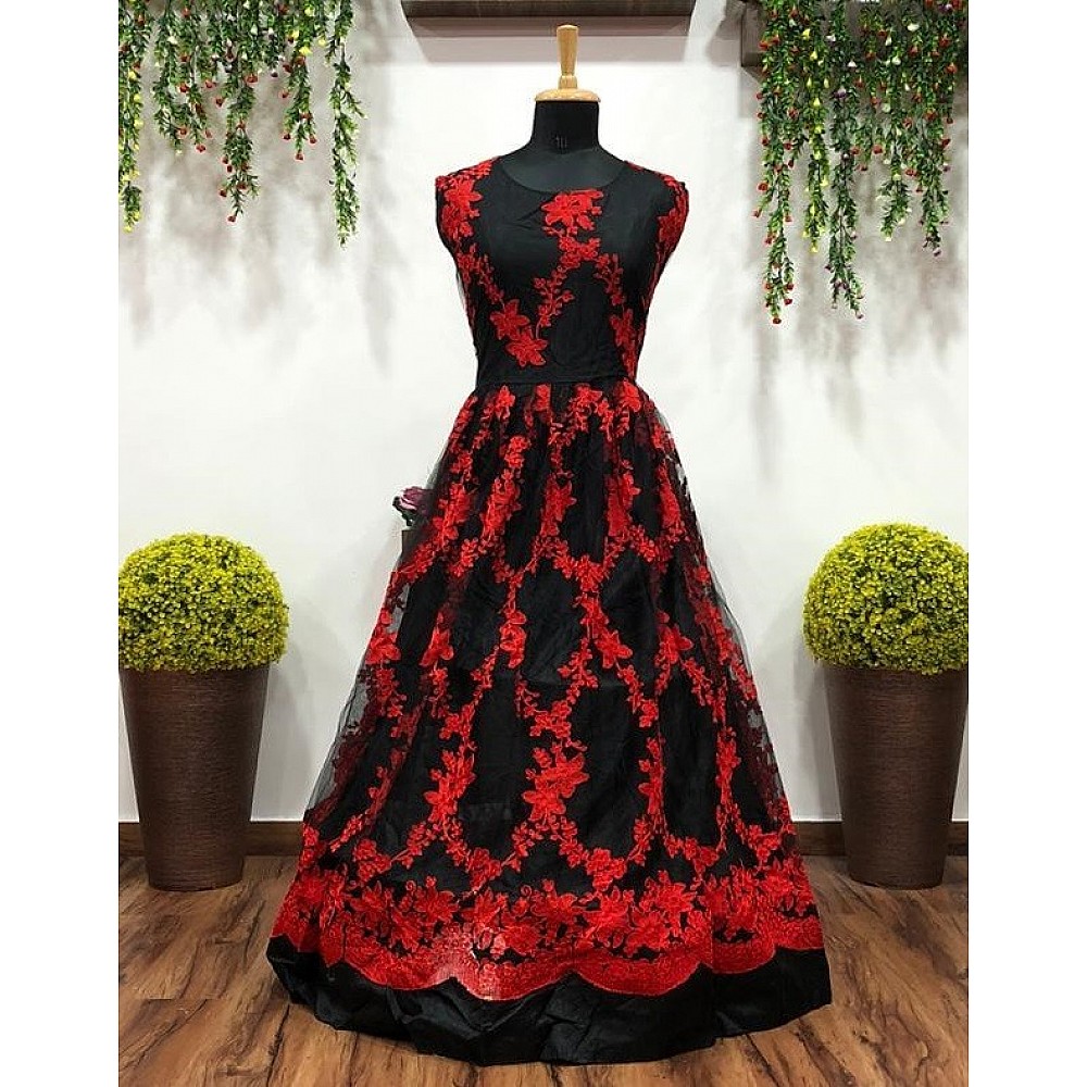 Black net red thread embroidered gown