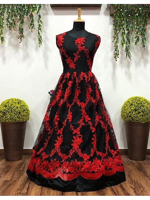 Impressive Designer Black colored with Red Golden bordered Designer Wear  Outfit Gown