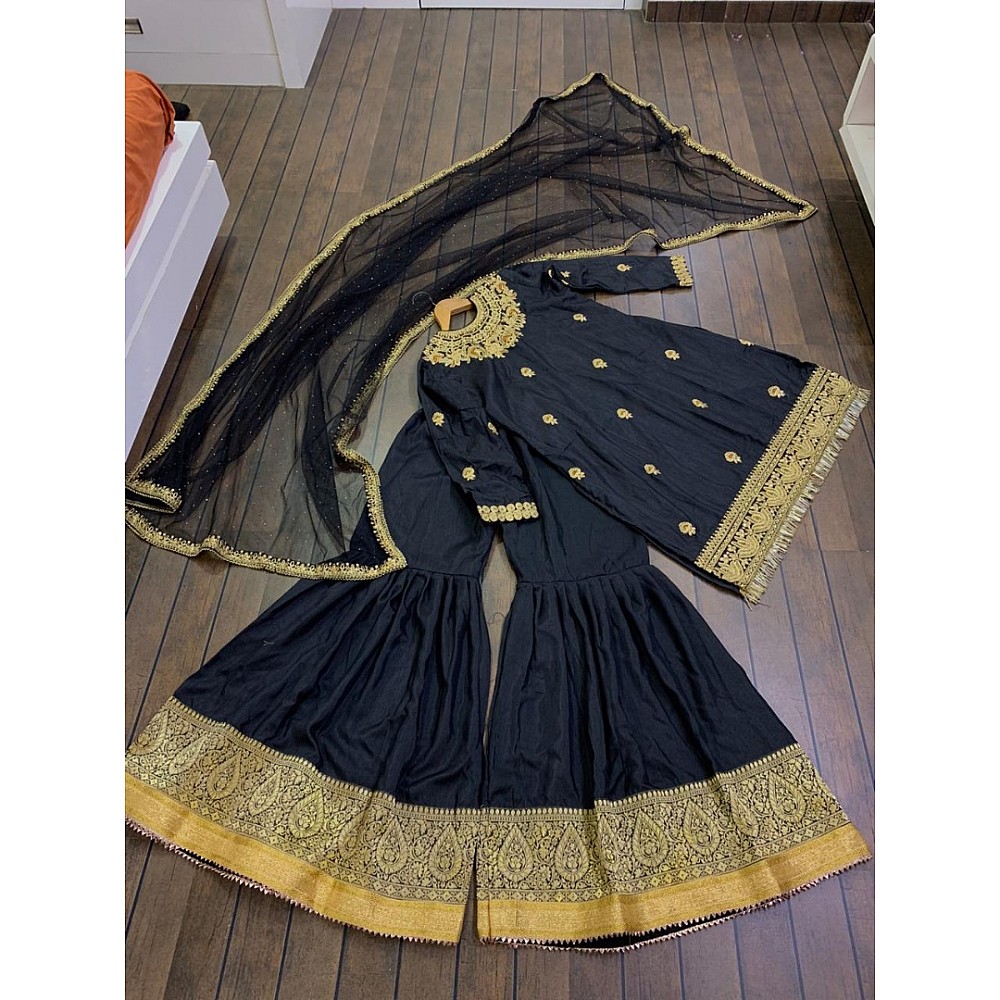 Black slub silk heavy embroidered wedding sharara suit