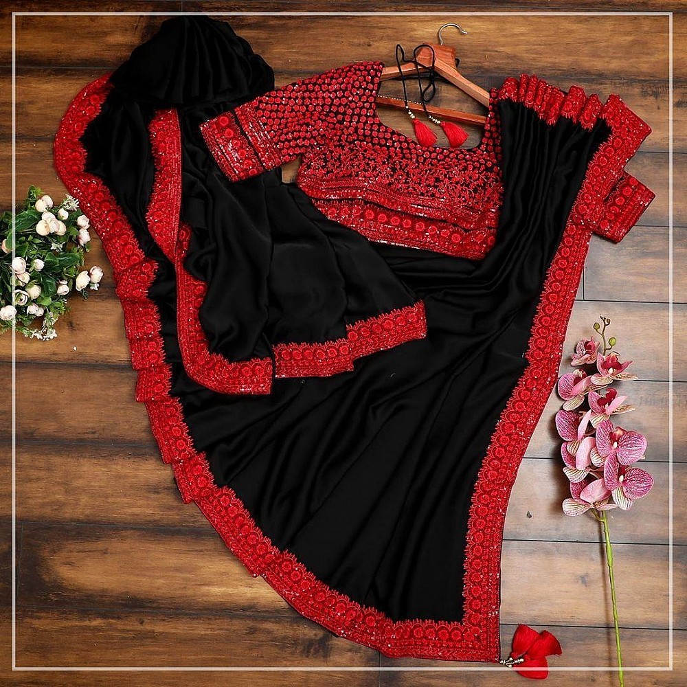 Black thread and sequence embroidered wedding saree