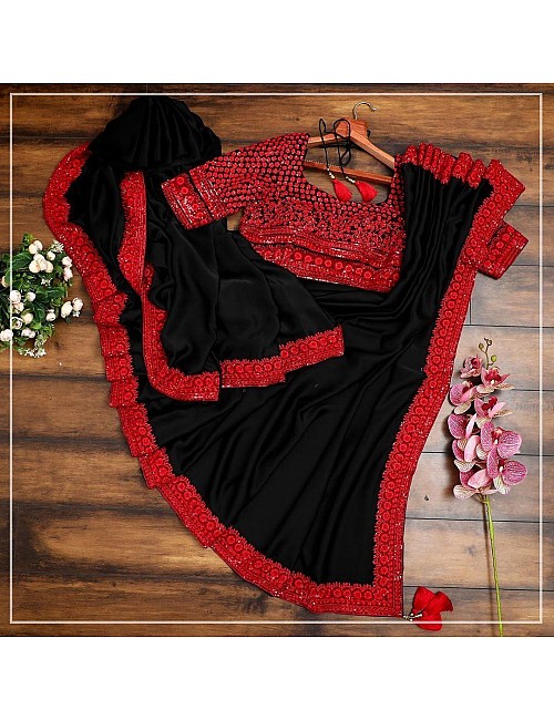 Black thread and sequence embroidered wedding saree 