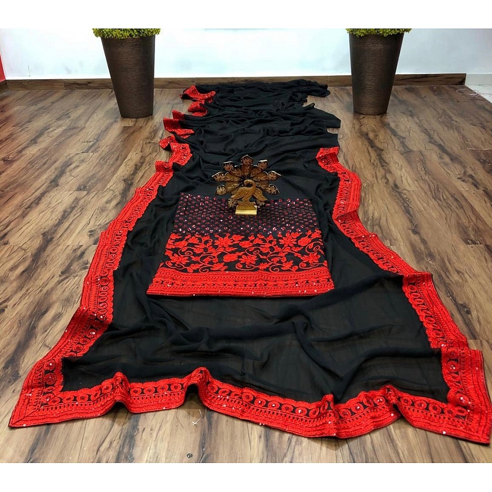 Black thread and sequence embroidered wedding saree