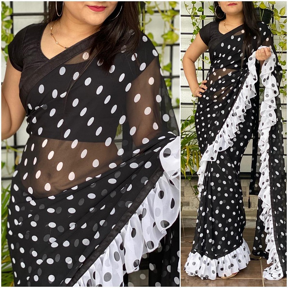 Black white dot printed ruffle border saree