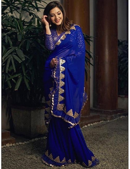 Blue georegette thread sequence and foil mirror work ruffle saree