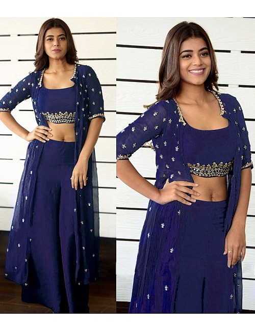 Blue georgette embroidered indowestern plazzo suit with shrug