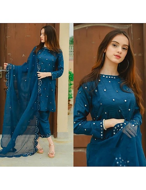 Blue georgette fancy thread and zari work salwar suit