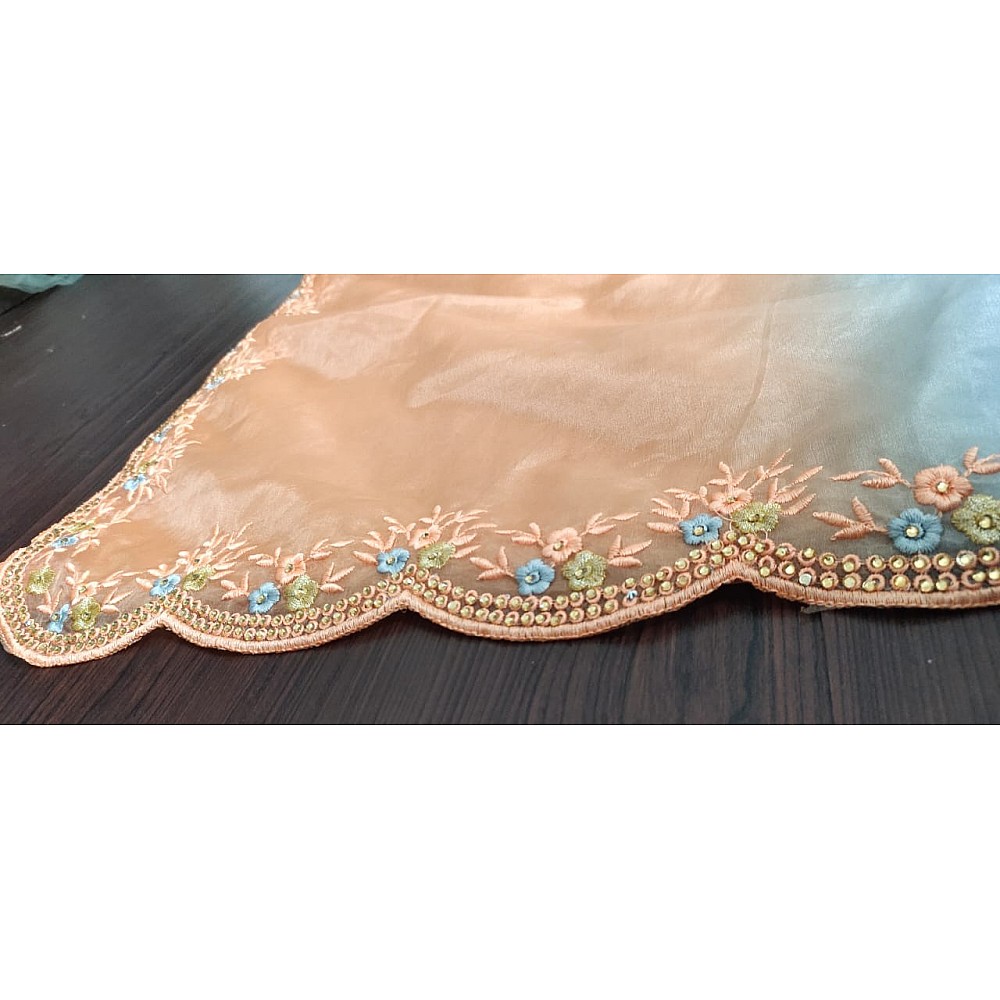 Grey and peach organza thread embroidery work saree