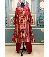 Maroon italian silk printed indowestern suit with koti