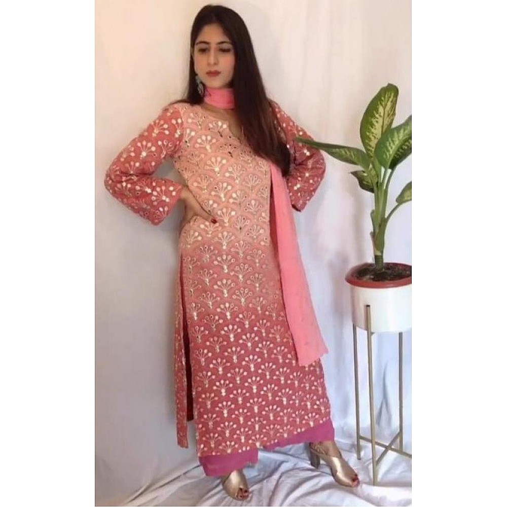 Multishade peach georgette embroidered plazzo suit