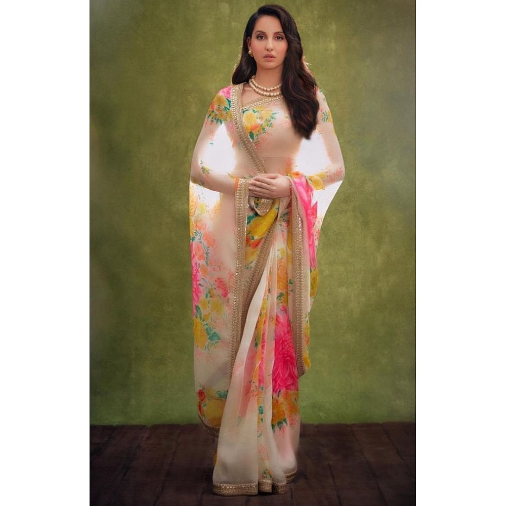 Off white organza silk floral printed designer saree