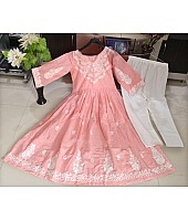 Peach cotton embroidery work long kurti with pant