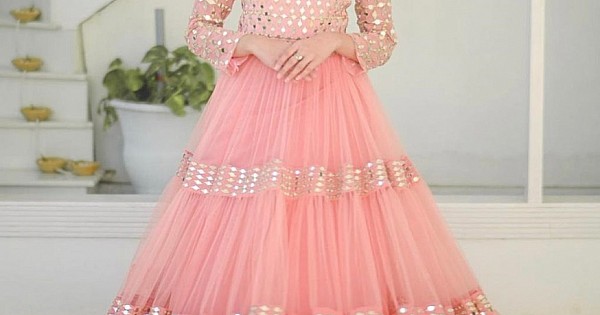 Gown : Peach net paper mirror work gown