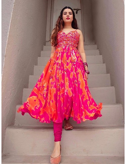 Pink and orange digital printed anarkali dress