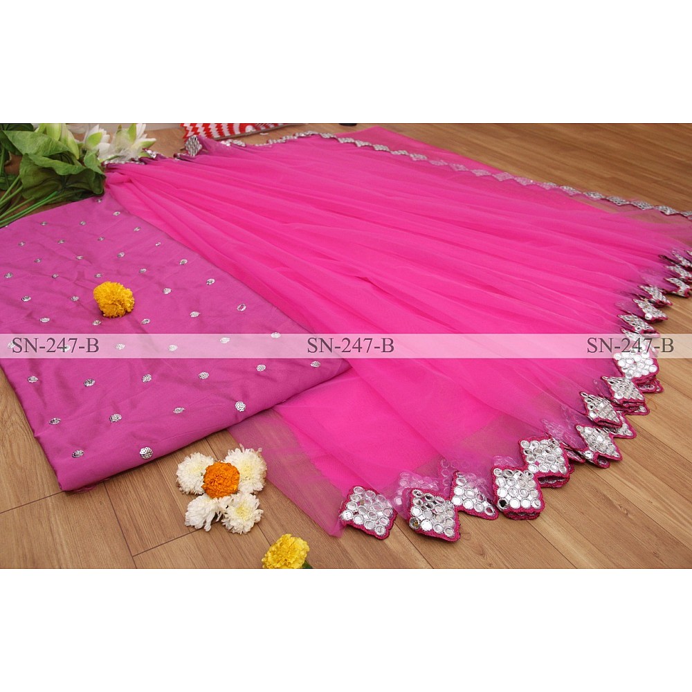 Pink mono net paper mirror work saree