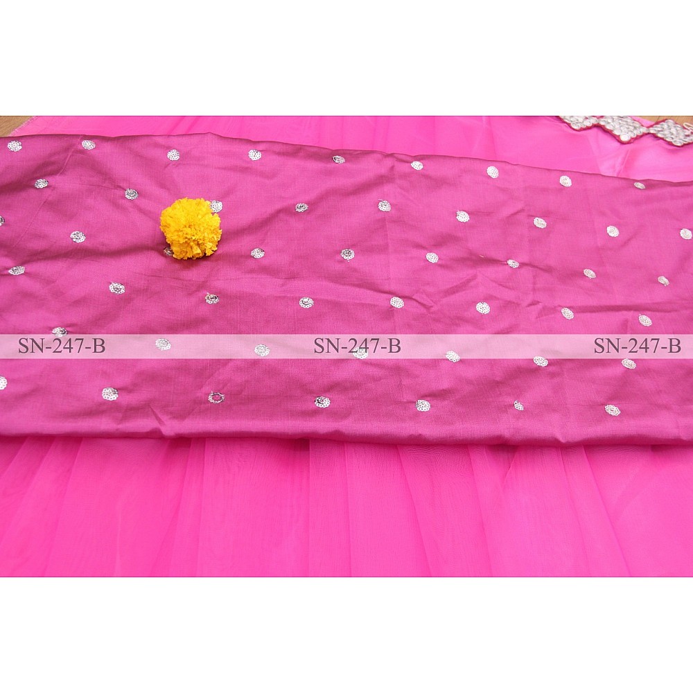 Pink mono net paper mirror work saree
