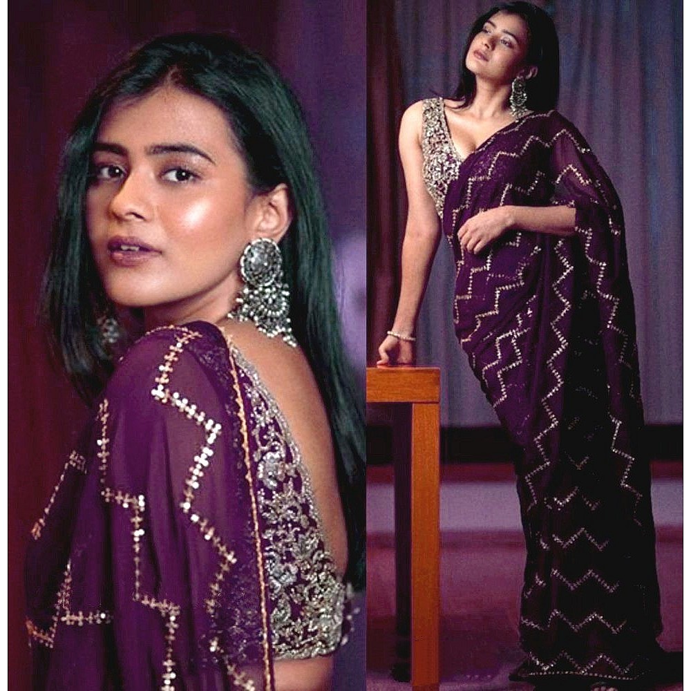 Purple georgette embroidery worked designer saree