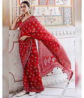 Red chinon silk digital printed designer saree