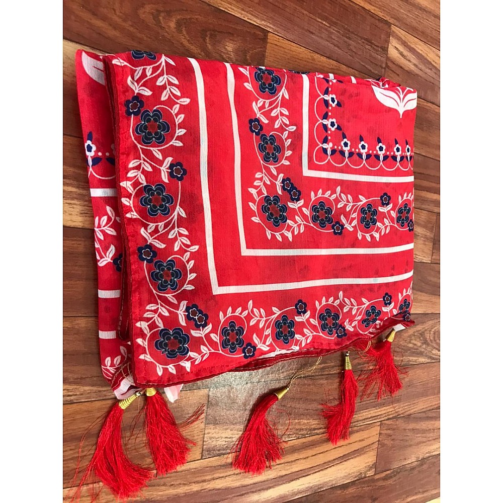 Red chinon silk digital printed designer saree