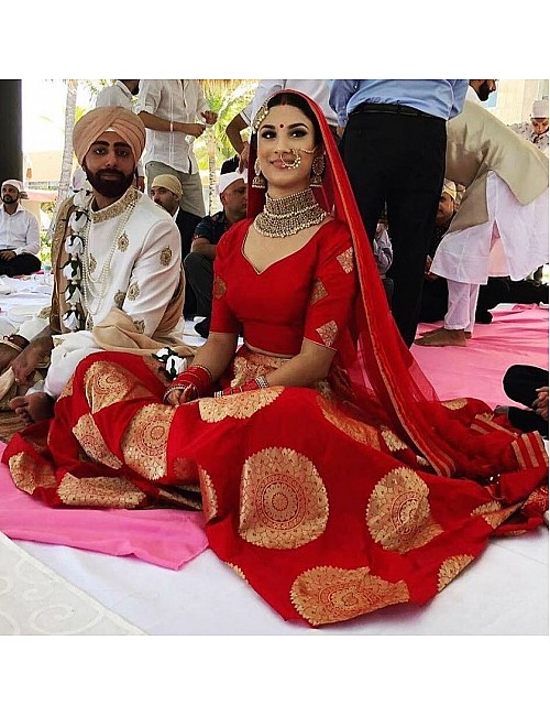 Red jacquard banarasi silk wedding lehenga