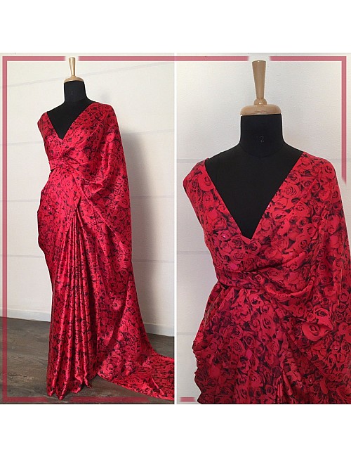 Red japan satin silk flower printed saree