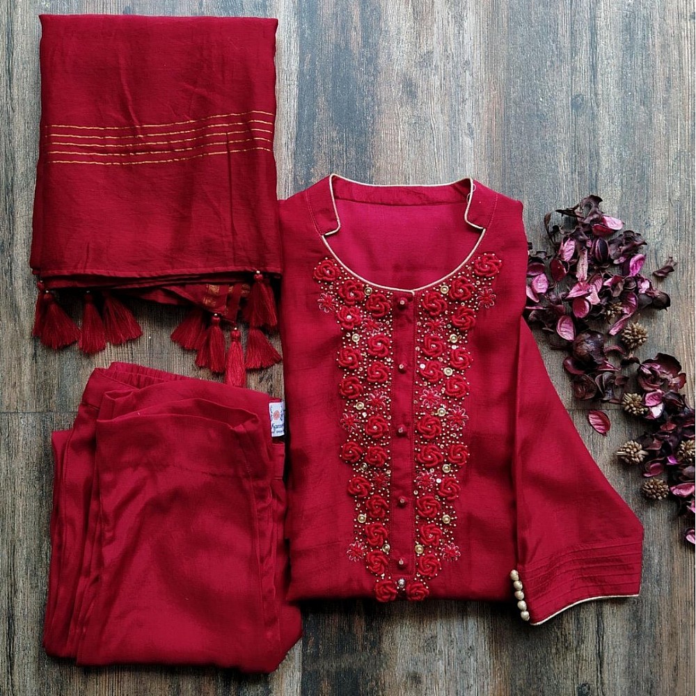 Red malai satin silk fancy thread and handwork salwar suit