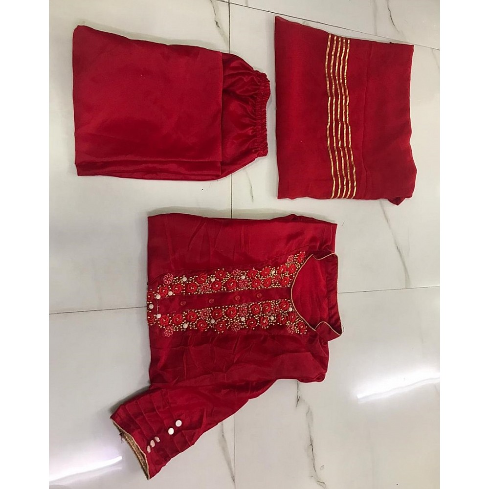 Salwar Suits : Red malai satin silk fancy thread and handwork ...