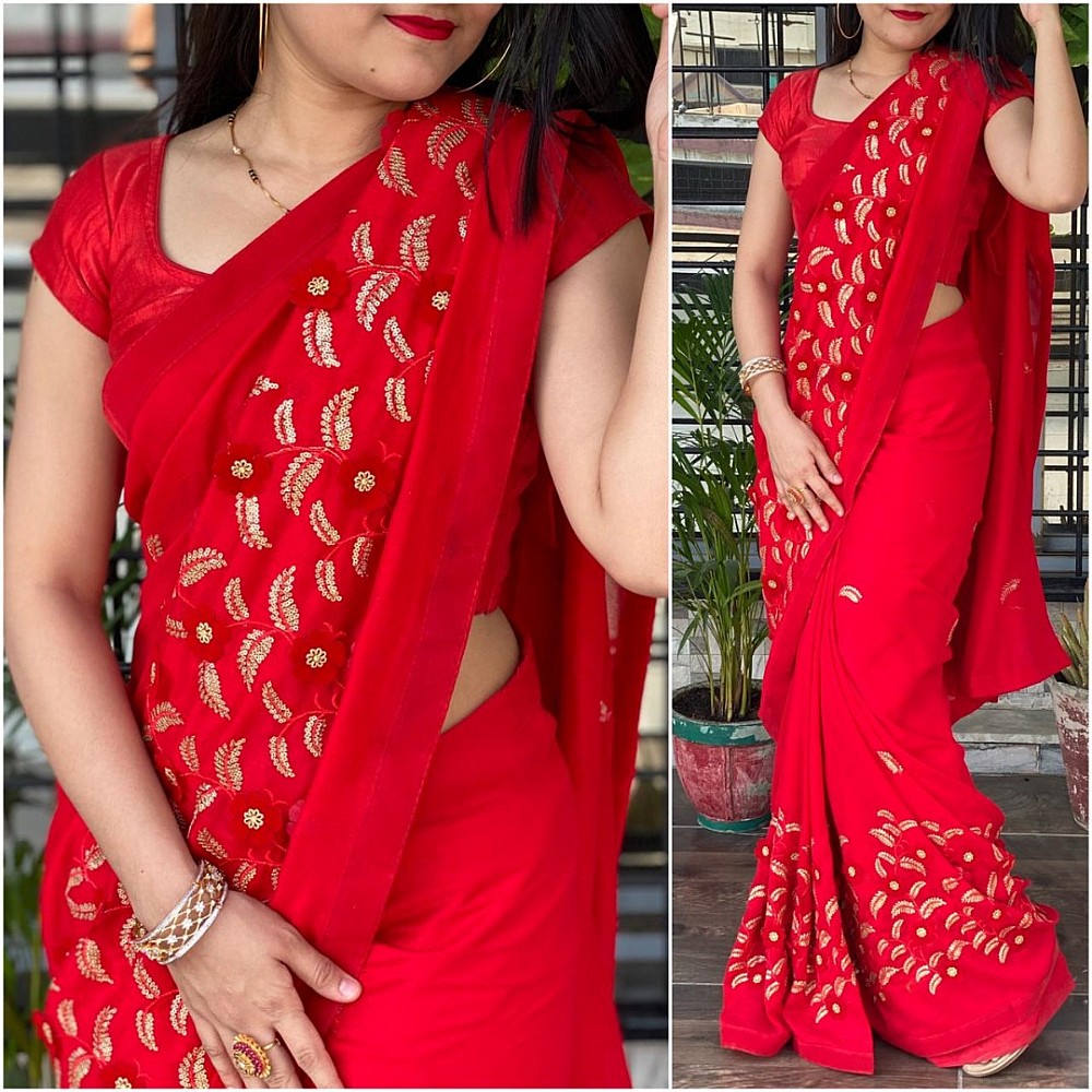 Red vichitra velvet cutwork and glitter sequence saree