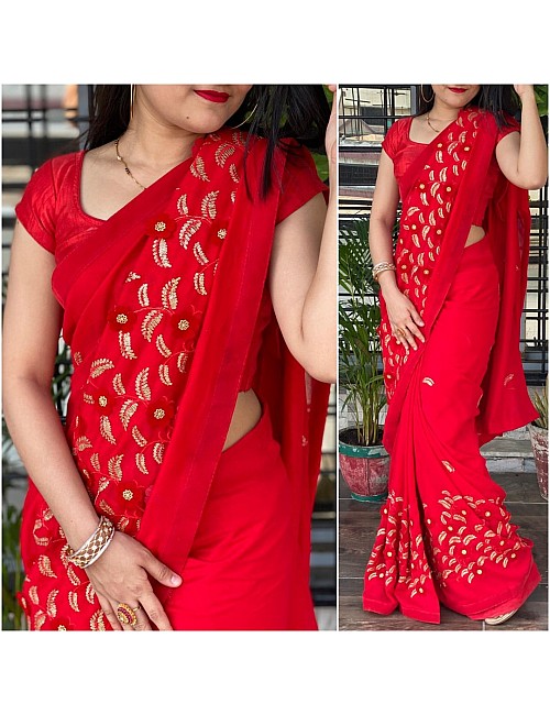Red vichitra velvet cutwork and glitter sequence saree