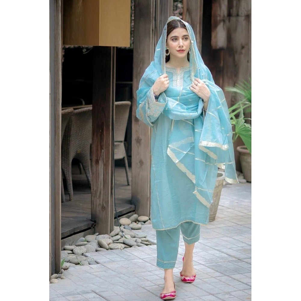 Sky blue embroidery work cotton suit