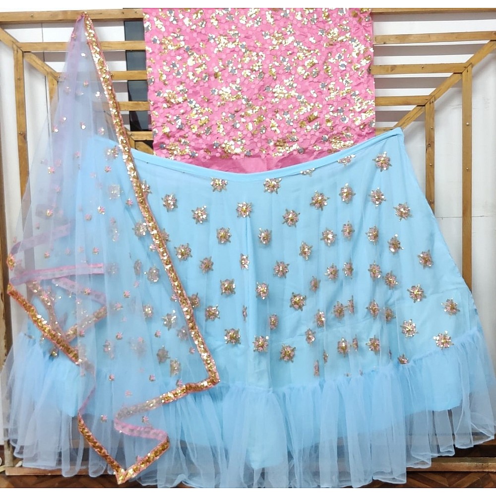 Sky blue soft net embroidered wedding lehenga choli