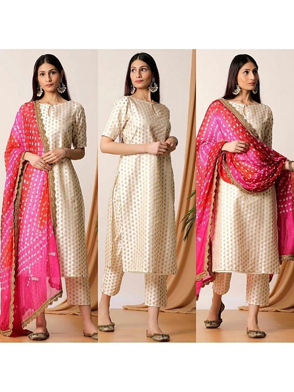 Cream Cotton Satin Silk Salwar Suit With Pant And Dupatta - PinkSaree