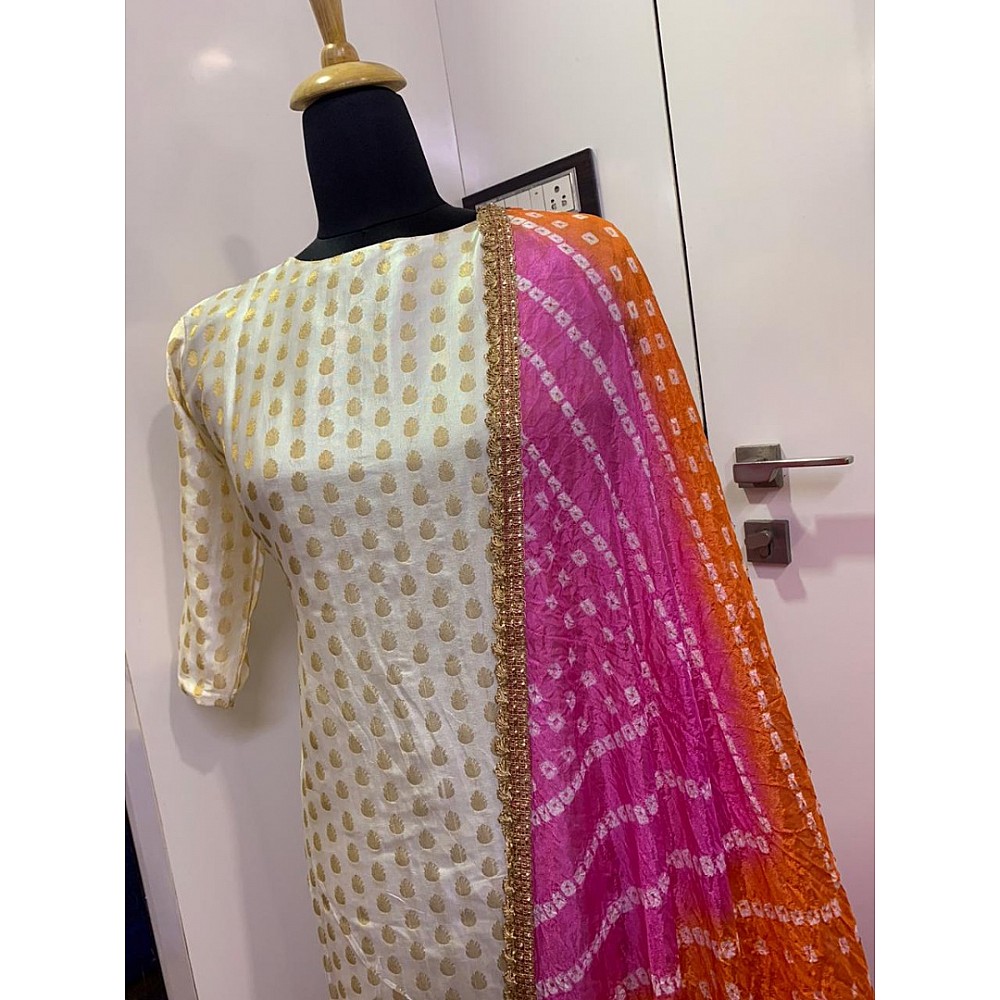 White banarasi jacquard silk salwar suit with bandhej dupatta
