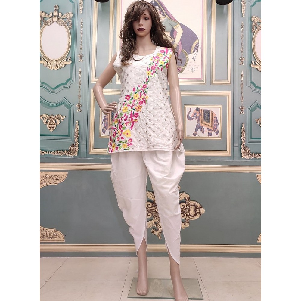 White cotton embroidered dhoti suit