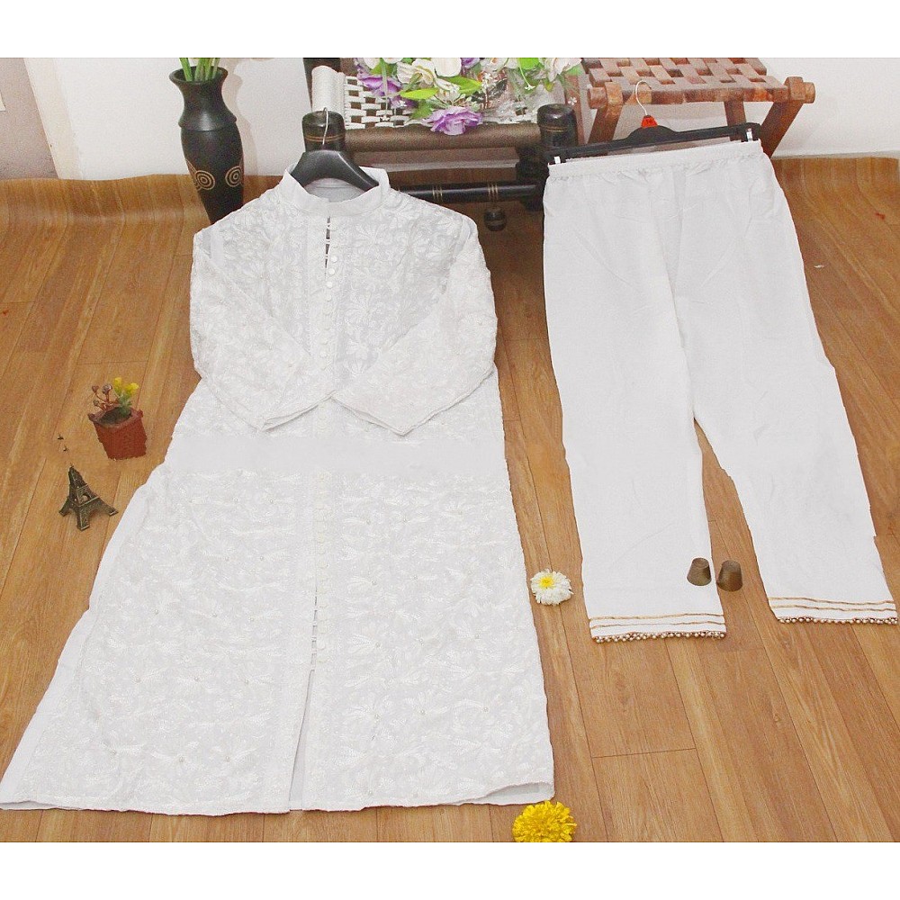 White cotton embroidered kurti with pant