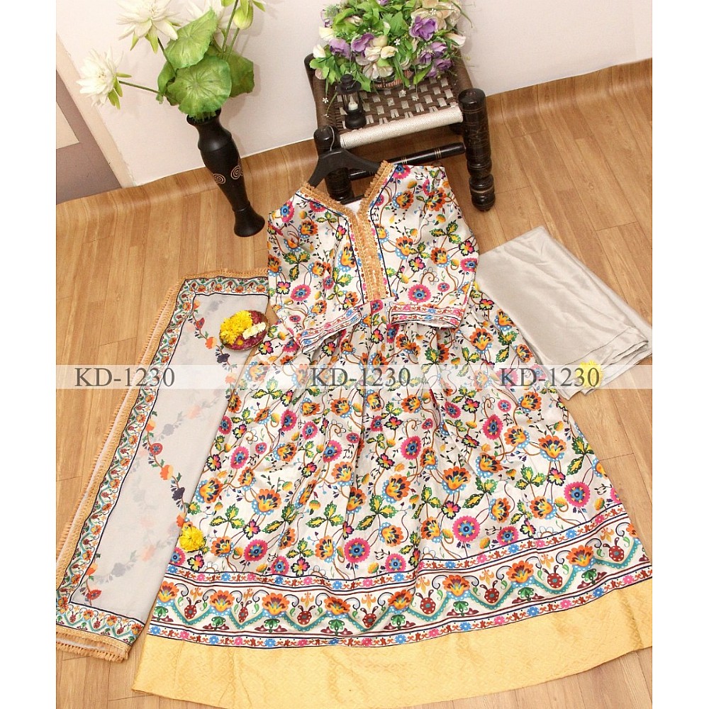 White multicolor digital printed long gown