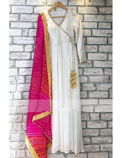 White tapeta silk gown with printed dupatta