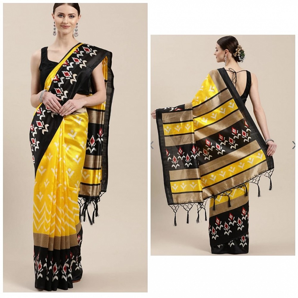 Yellow and black printed khadi silk saree