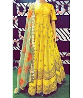 Yellow banglory satin embroidered long gown with dupatta