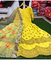 Yellow banglory satin embroidered long gown with dupatta