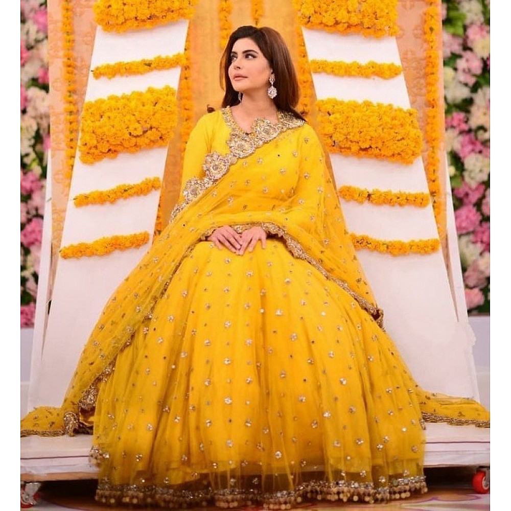Yellow long gown with dupatta