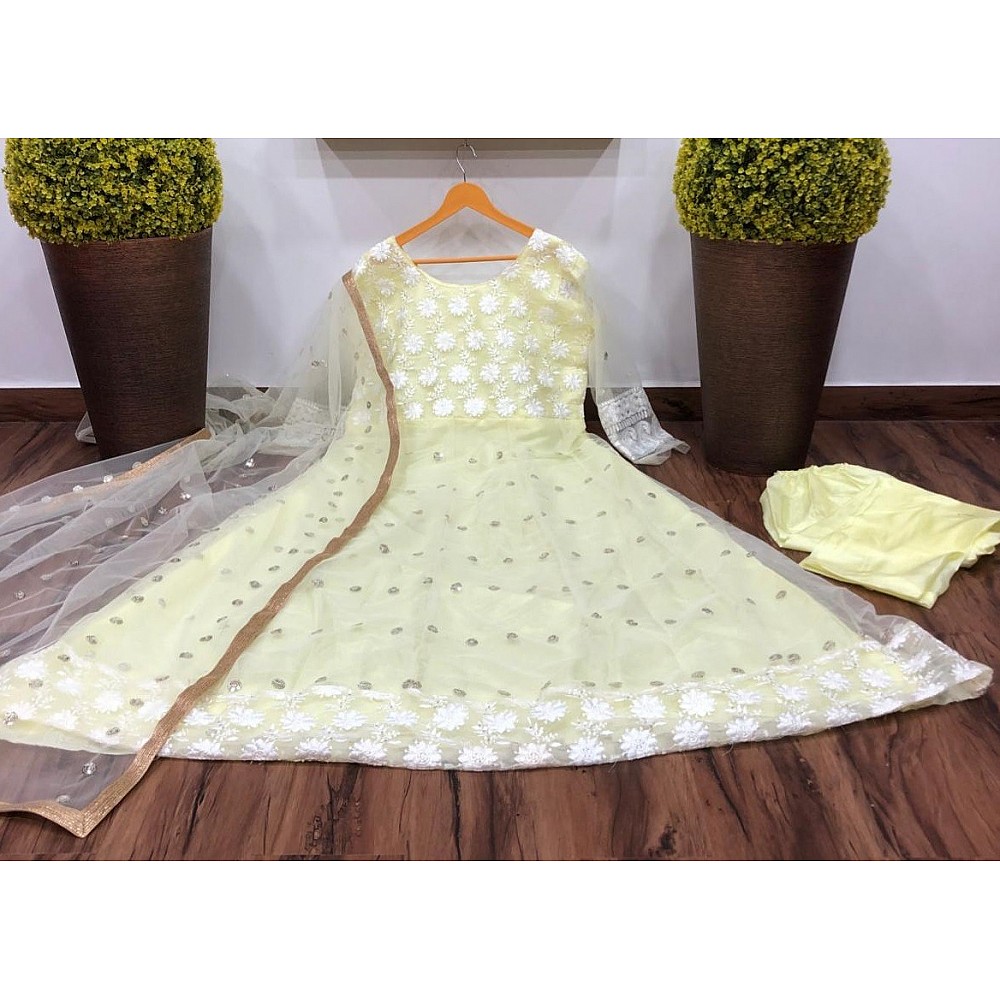 Yellow net thread embroidered anarkali suit