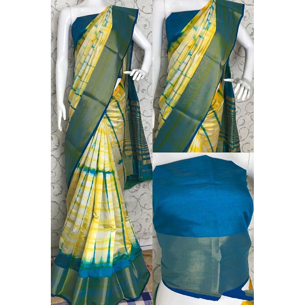 Yellow soft linen cotton printed saree