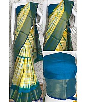 Yellow soft linen cotton printed saree