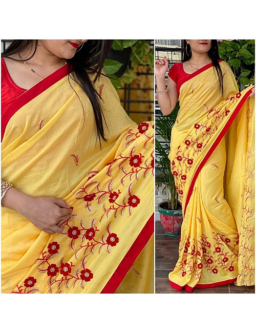 Yellow vichitra velvet cutwork and glitter sequence saree