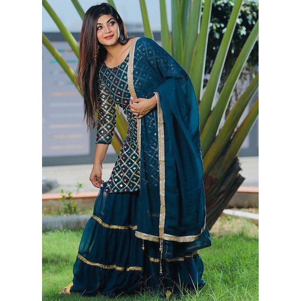 Rama blue georgette embroidered sharara salwar suit