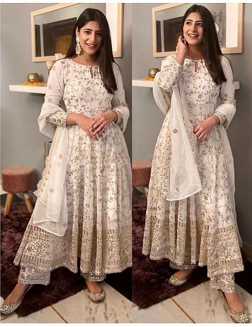White georgette sequence embroidered anarkali suit