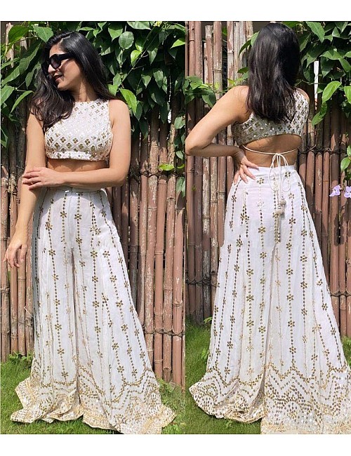 White georgette thread and sequence embroidered plazzo suit