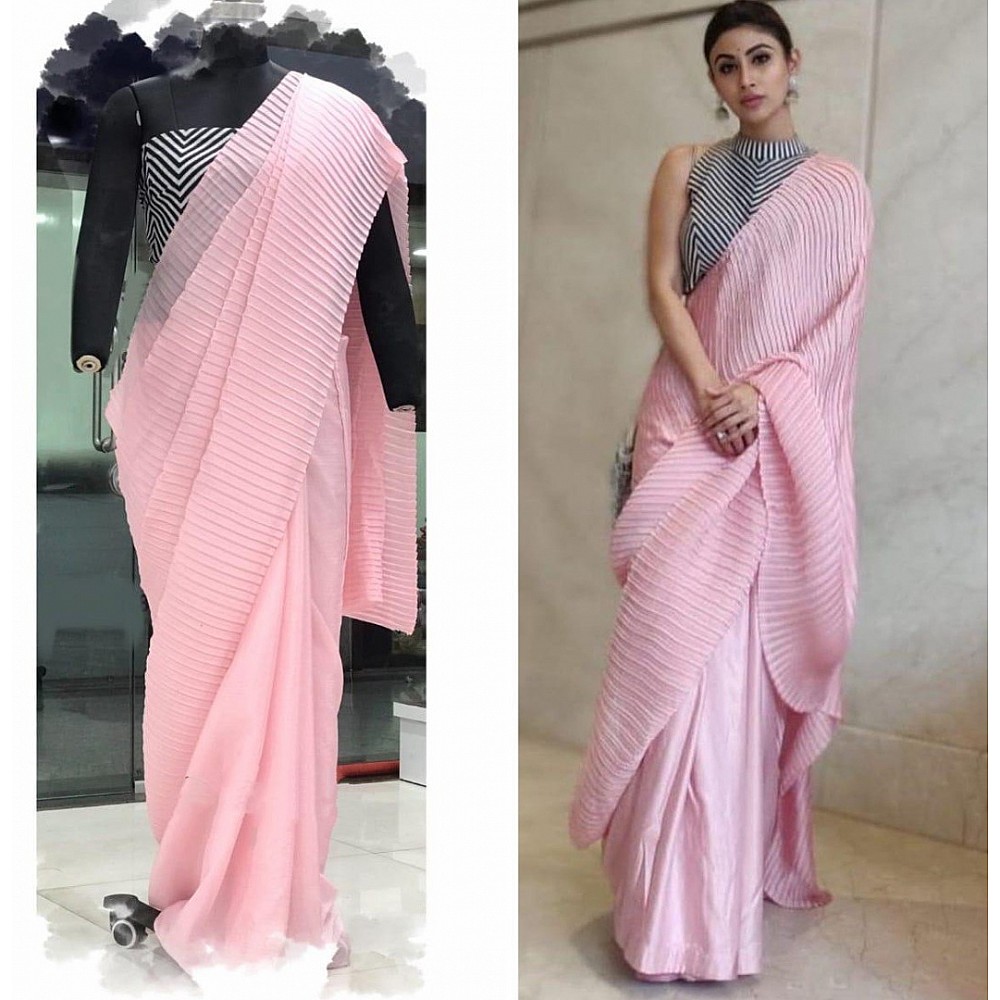 Baby pink chinu pleating work party wear saree