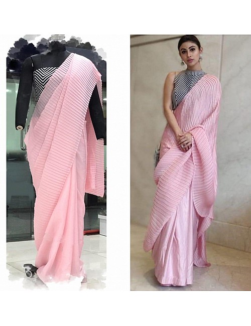 Baby pink chinu pleating work party wear saree